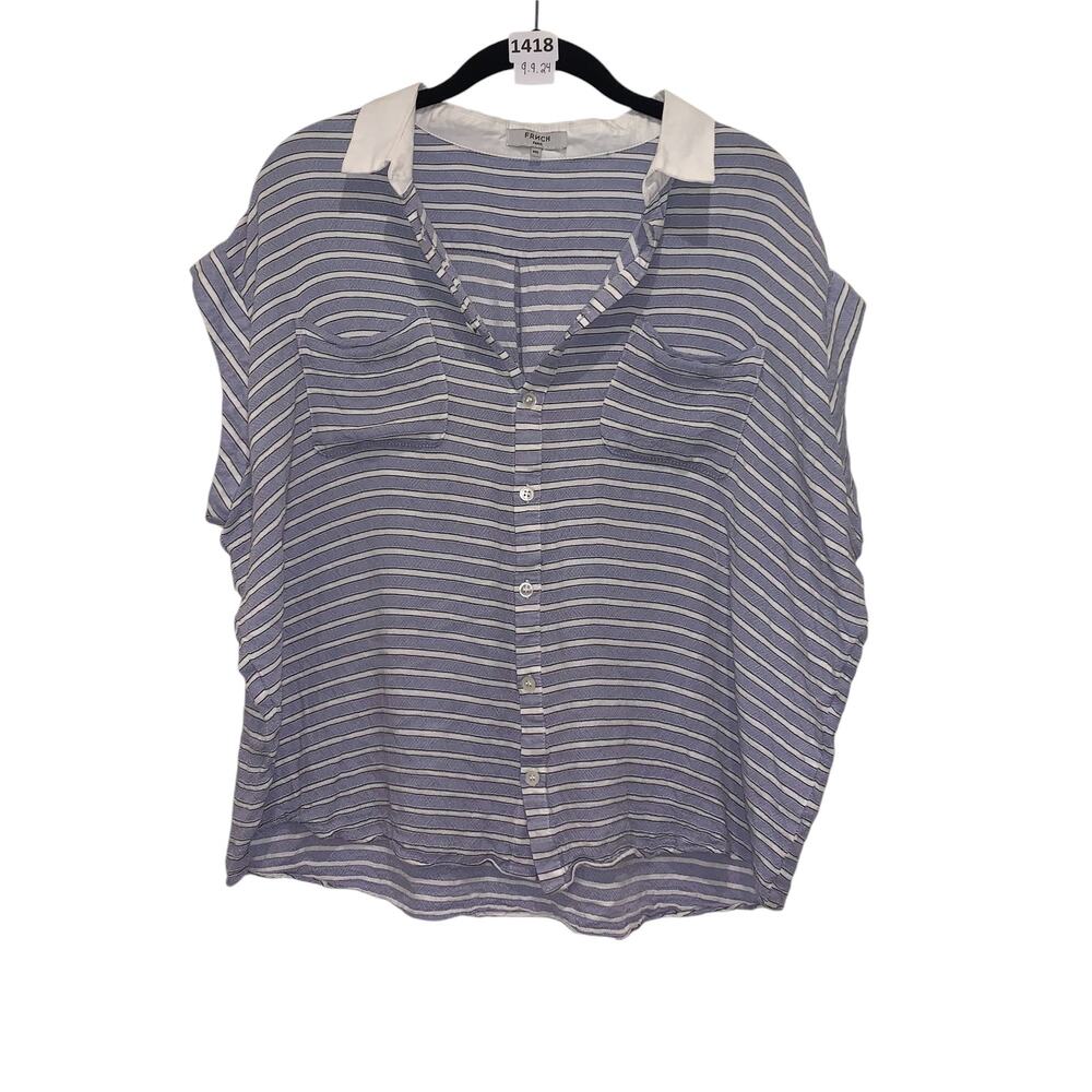 T-shirt, Stripes, Collard Button-up, Sleeveless, French Paris, M/L, Blue, White